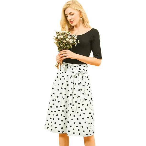 Falda midi vintage de cintura alta elástica con cinturón para mujer Blanco-Lunares XL