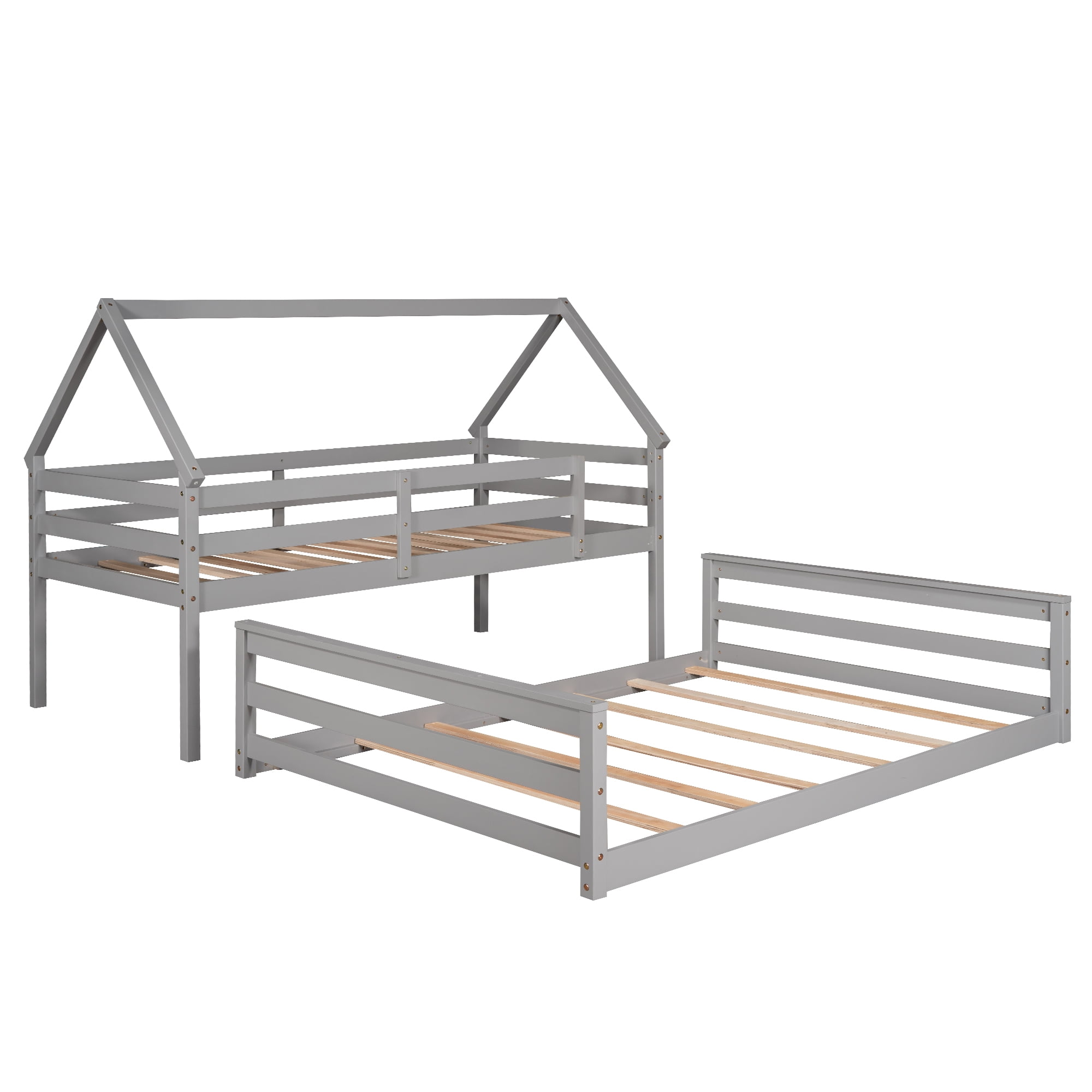 Aukfa Twin over Full Bunk Bed, Solid Wood House Bunk Bed for Kids - Gray