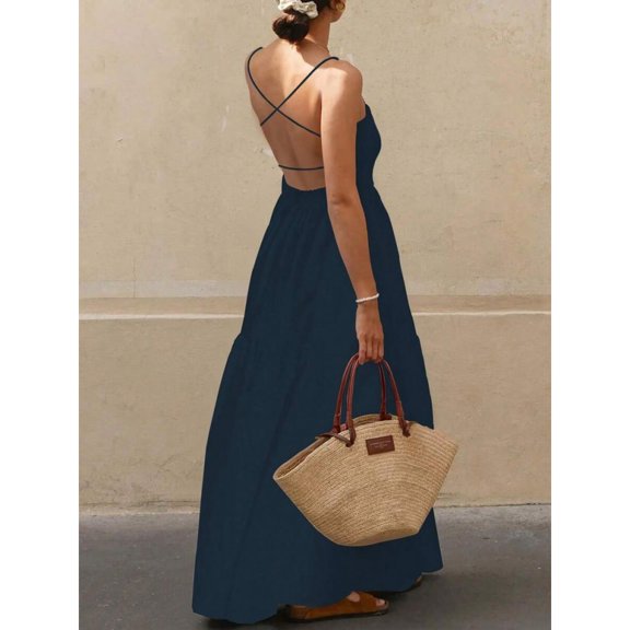 Navy Blue Womens Backless Spaghetti Strap Maxi Dress With Cross-Back Detail