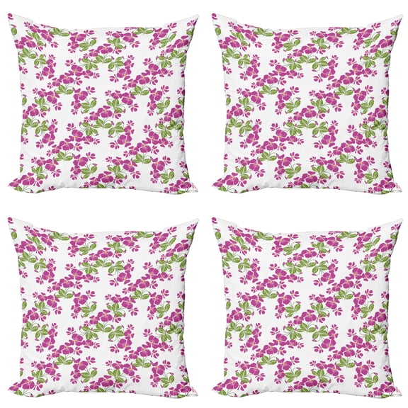 Ambesonne Floral Throw Pillow Cover 4 Pack, Spring Romance Flowers Bloom, 16", Dark Magenta Green White