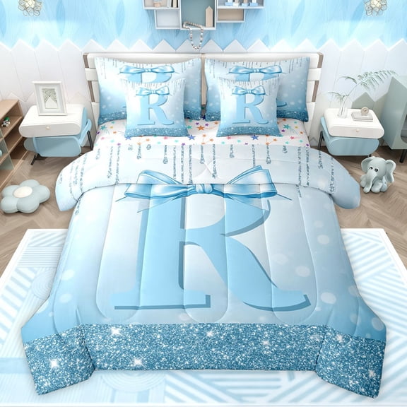 Castle Fairy Bowknot Initial Alphabet R Twin Bedding Sets 7-Piece for Female Men,Sparkling Graffiti Splash Bedding Comforter Set Microfiber,Dreamy Princess Bling Glitter Breathable Sheet Sets