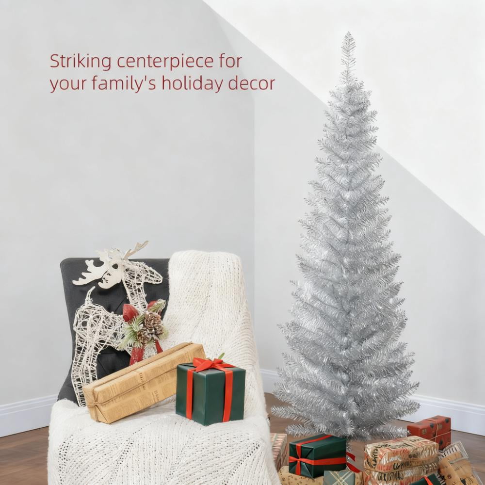 5ft Unlit Silver Pencil Christmas Tree 294 Tips Easy Assembly Plastic Base Small Space Holiday Decor