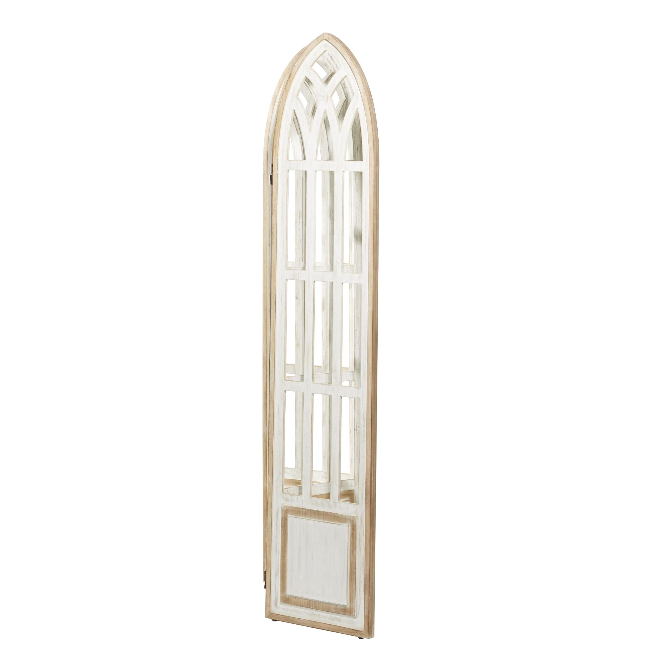 DecMode 48" x 72" White Wood Hinged Foldable Arched Partition 3 Panel Room Divider Screen with Window Pane Details, 1-Piece