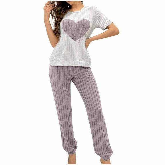 snilers Womens Pajama Sets Soft Comfy Ribbed Knit Lounge Set Heart Graphic Tees and Jogger Pants Two Piece Set Matching Pjs Sets
