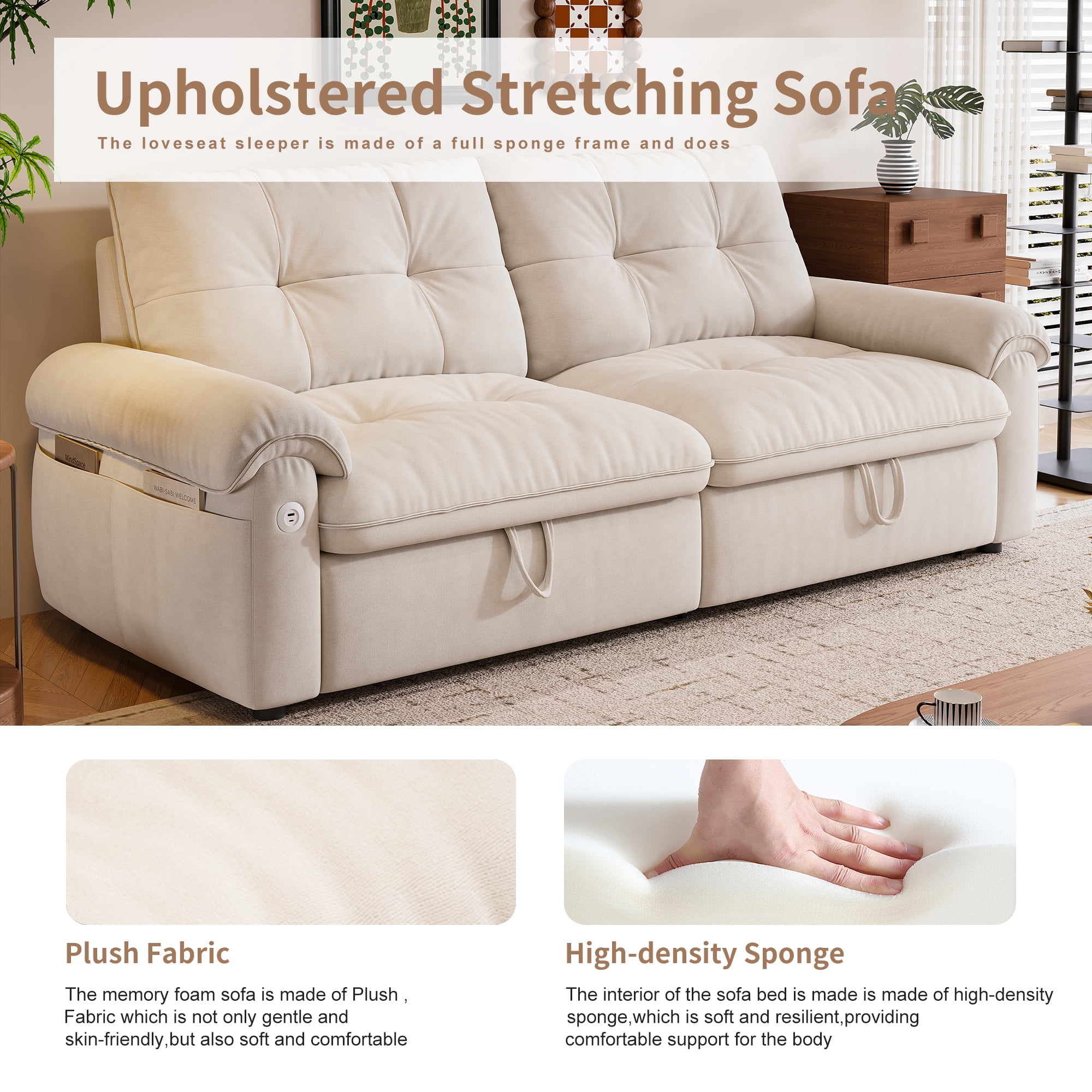 avobird 77.2'' Pull Out Sofa Bed, Pre-Assembled Sleeper Sofa Bed with USB Charging Ports and Side Pocket, 3 in 1 Velvet Sofa for Living Room, Beige