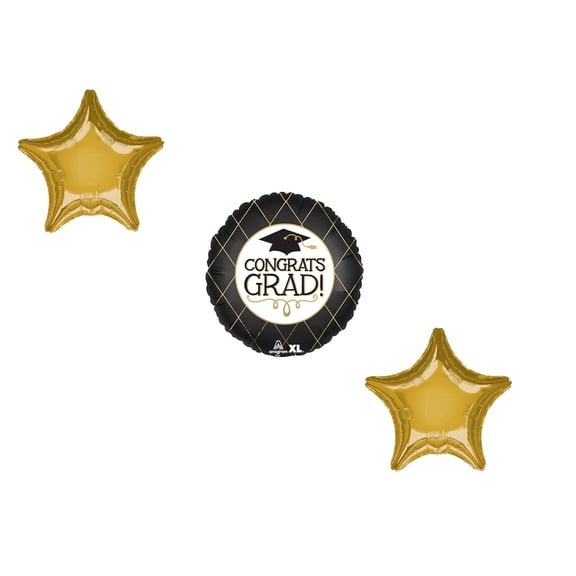 LOONBALLOON Graduation Grad Theme Balloon Set, Standard Grad Satin Black & Gold Balloon, Star Foil