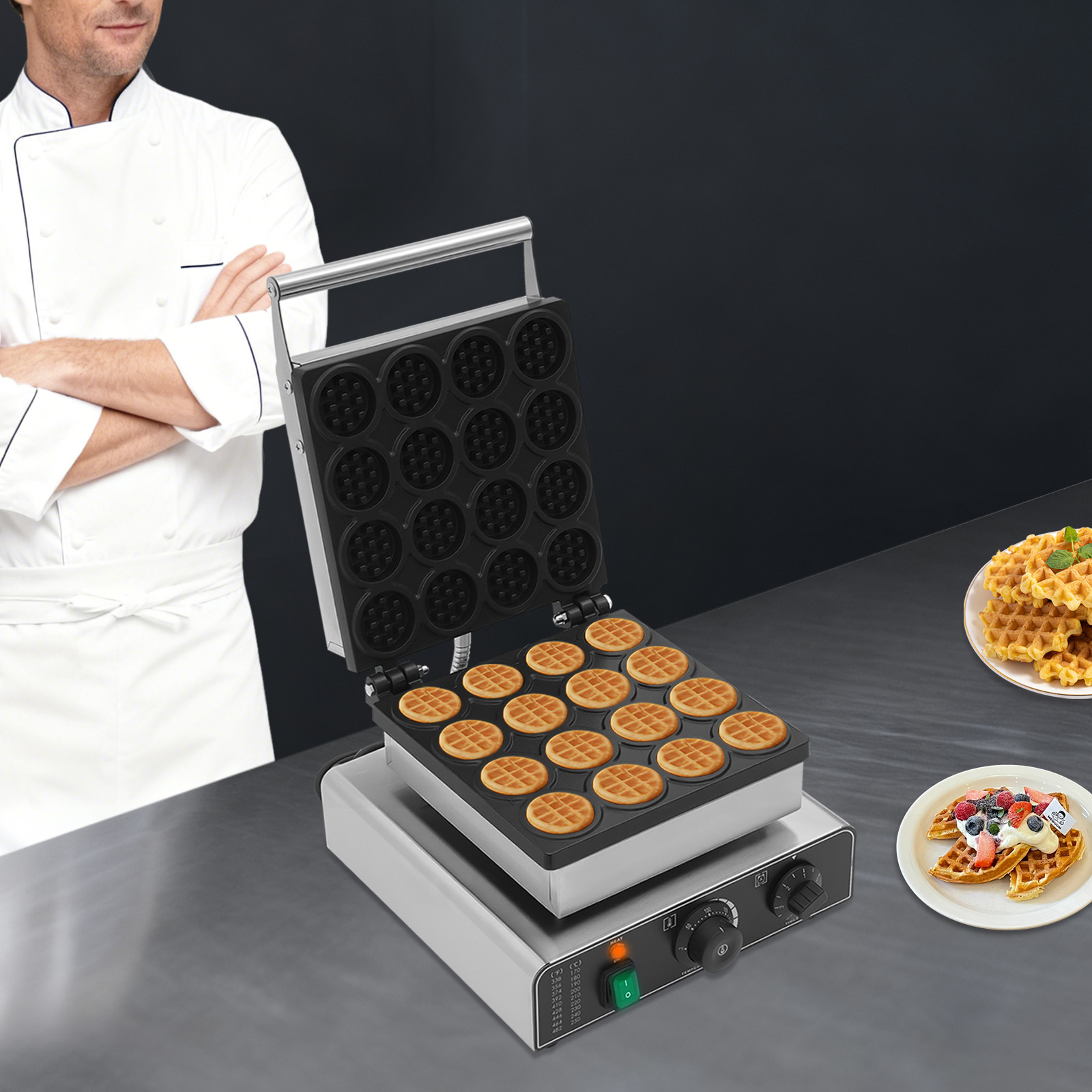 32*32*24cm 16 Grids Silver Commercial Waffle Maker Tabletop Round Electric Waffle Machine with Temperature Control