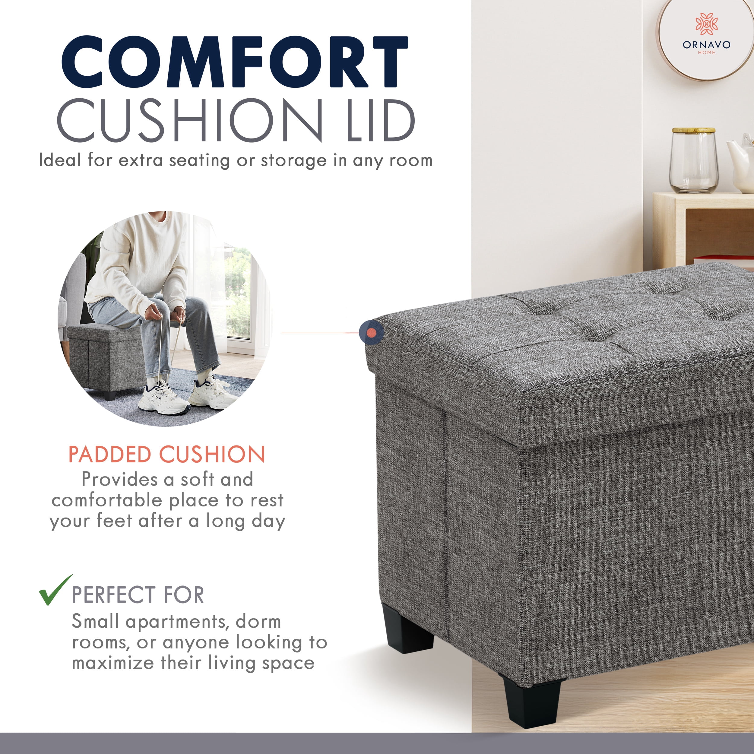 Ornavo Home Storage Ottoman Small Rectangle Ottoman with Legs, Foot Rest Stool Seat, Load up to 600 LB, for Living Room, Bedroom, Home Office, Dorm - 12 x 16 x 12, Dark Gray