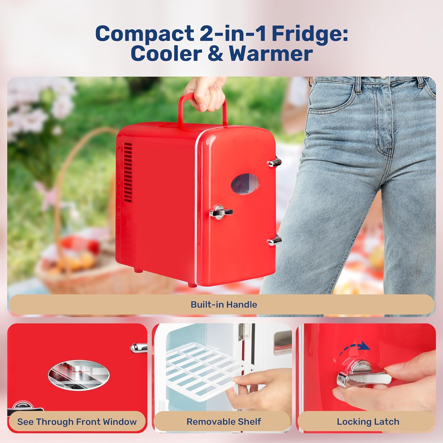 Simple Deluxe Red Mini Fridge – 4L Skincare & Beverage Cooler Warmer with Window, Aesthetic & Freon-Free