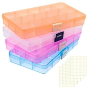 Qweryboo 4 Pcs 15 Grids Plastic Storage Boxes with Adjustable Dividers, Bead Organizer Storage Box with 330pcs Label Stickers for Jewelry Beads Fishing Sewing Craft Supplies