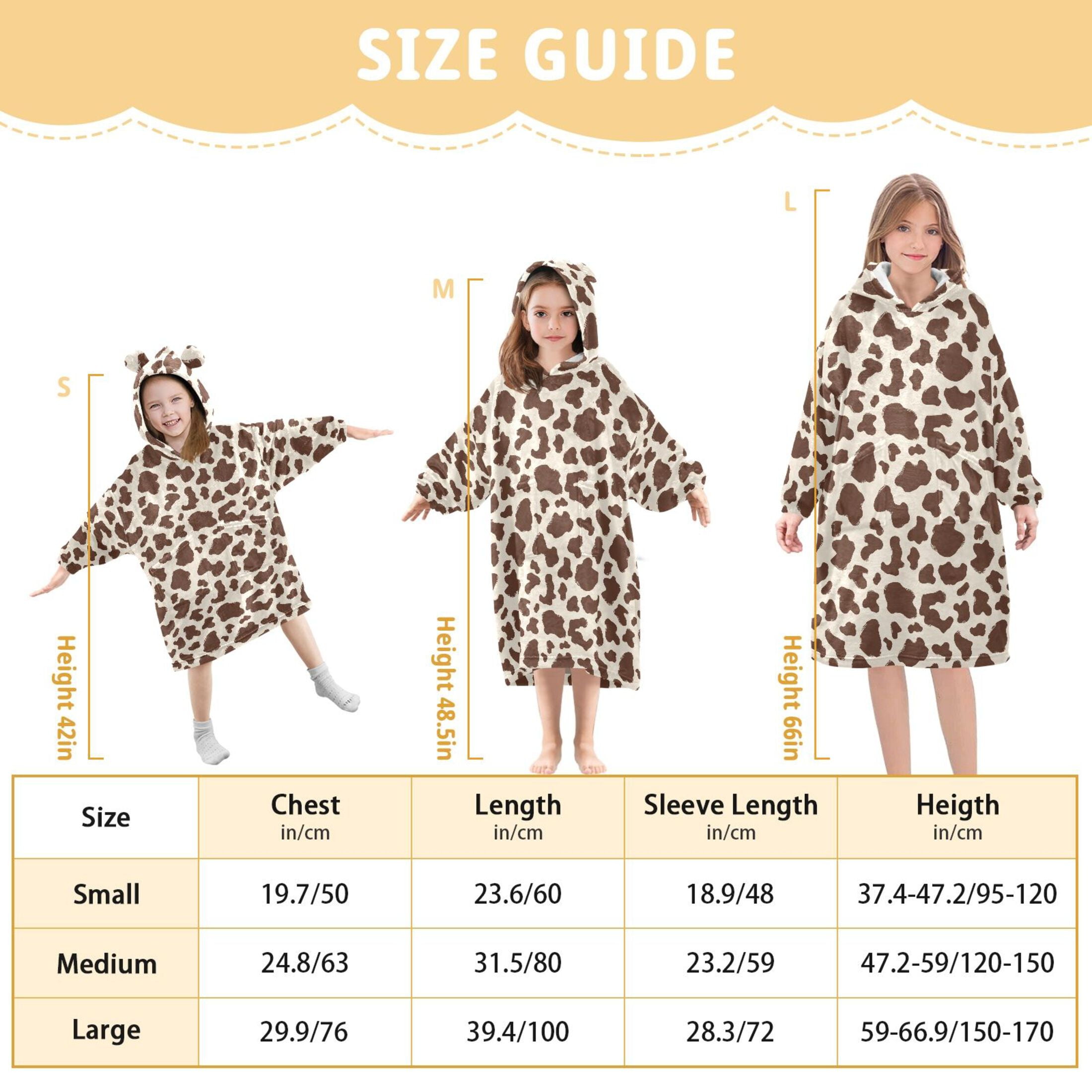 Wearable Blanket Hoodie for Kids Brown and White Cow Print Spots Flannel Hooded Blanket with Pockets and Sleeves Suitable for Boys and Girls
