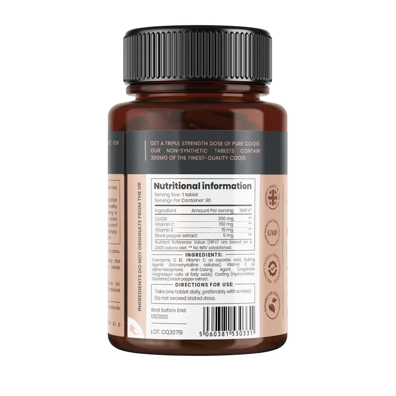 Pureclinica Fermented CoQ10 300mg x 90 Tablets. Non GMO, USP Grade with Added Vitamin C and Black Pepper Extract for Absorption.