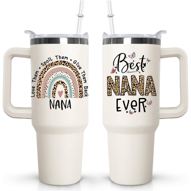 Nana Tumbler with Handle Lid and Straw,40 oz Best Nana Ever Vacuum Insulated Travel Coffee Mug CupTumbler,Mothers Day Gifts for Grandmother
