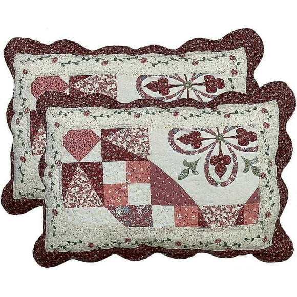 2-piece Boho Cotton Quilted Bed Pillow Shams Floral Printed Patchwork Pillow Shams Set, Standard Size (606 Red, 20"x28")