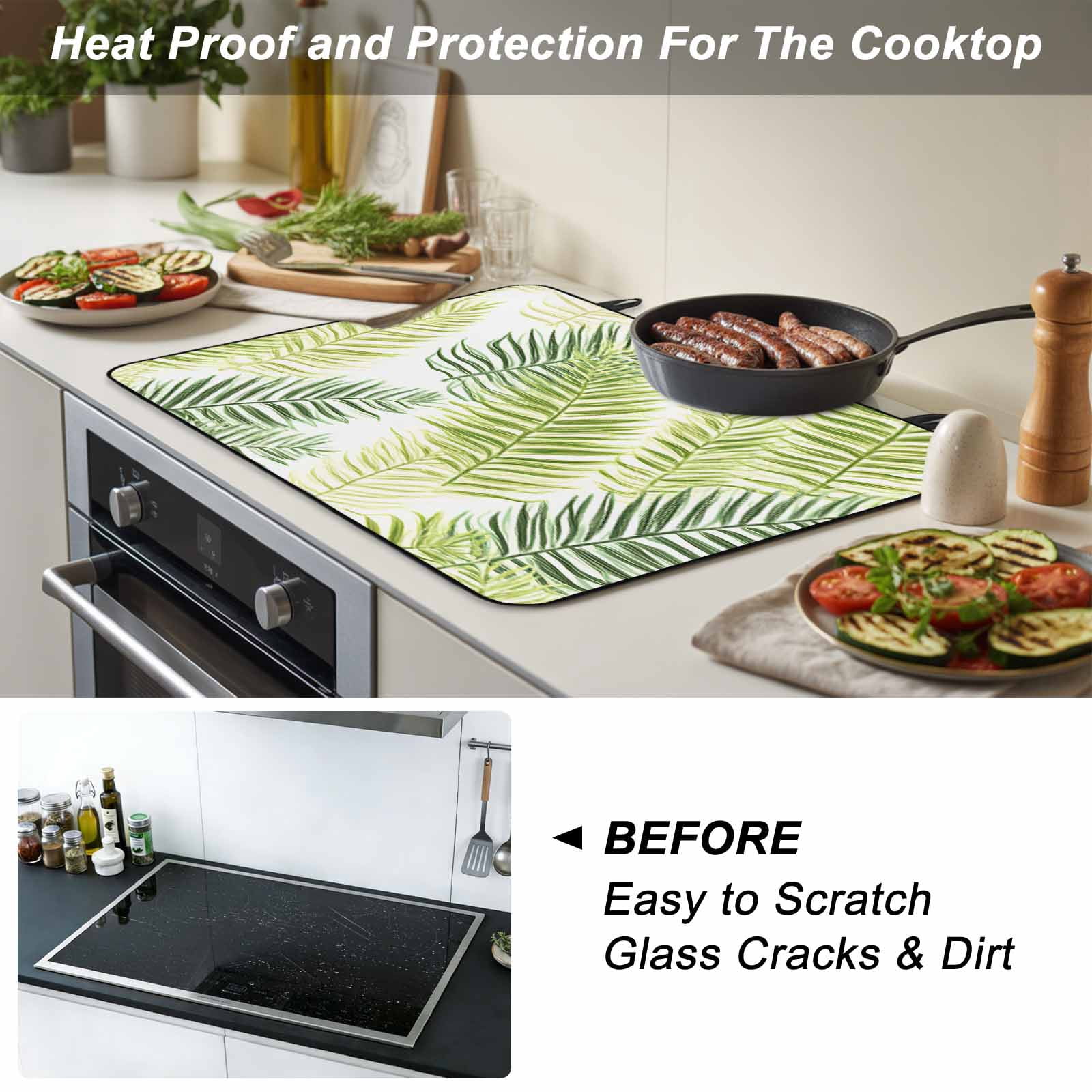 Sage Green Leaves Stove Top Cover for Electric Stove, Heat-proof & Non Slip Glass Top Stove Cover Protector, Summer Botanical Palm Leaf Kitchen Flat Cooktop Rubber Mat 24x21 Inches
