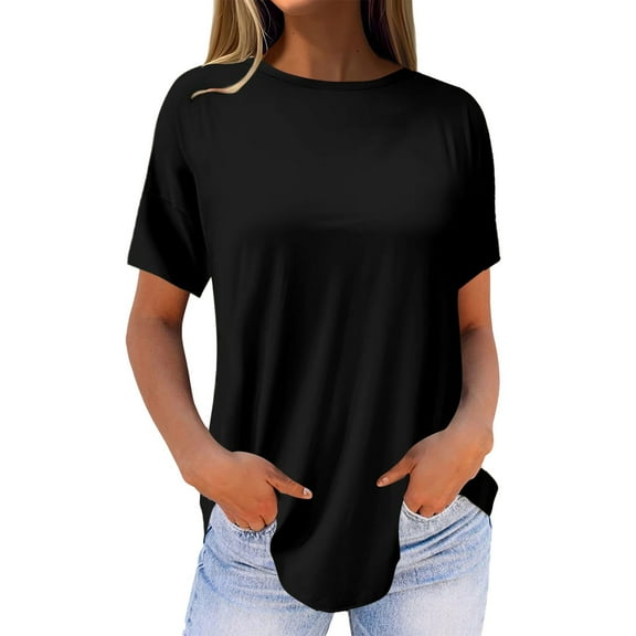 Tittly T Shirts for Women Graphic Tees Women's Pure Color Fashionable Casual Round Neck Short Sleeve Top Tshirts Shirts Womens Tops Black L