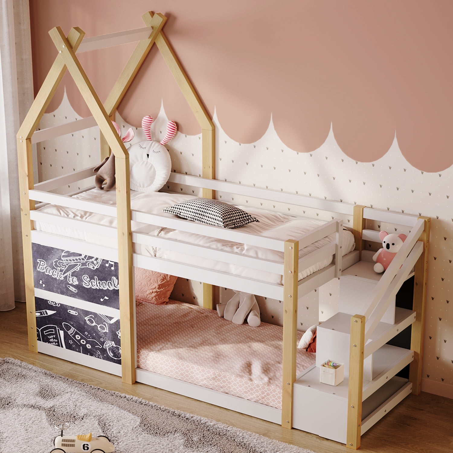 Spaco Bunk Bed Frame with Storage Stairs, House Bunk Bed Twin Over Twin for Boys Girls, Kids, White and Natural Spaco Bunk Bed Frame with Storage Stairs, House Bunk Bed Twin Over Twin for Boys Girls, Kids, White and Natural