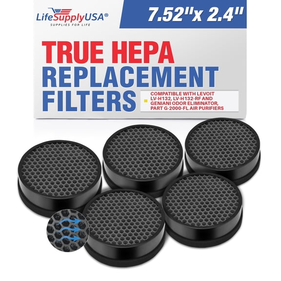LifeSupplyUSA 2-in-1 True HEPA Air Cleaner Replacement Filter   Activated Carbon Charcoal Compatible with Levoit LV-H132, LV-H132-RF and Geniani Odor Eliminator, Part G-2000-FL Air Purifiers (3-Pack)
