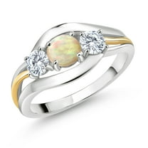 Gem Stone King 925 Sterling Silver and 10K Yellow Gold Round Cabochon White Ethiopian Opal and White Moissanite 3 Stone Ring for Women (0.76 Cttw, Available in Size 5, 6, 7, 8, 9)