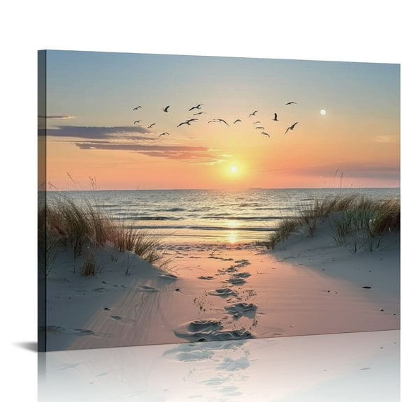 JRXY Sunset Beach Wall Art for Living Room Golden Sunlight Seagulls Sand Dune Blue Ocean Seascape Picture HD Print On Canvas for Office Home Decoration Framed 20x16in