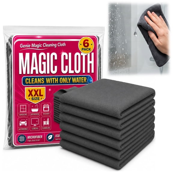Genie Cloth Magic Cleaning Cloths 6‑Pack 8×12 Inch, Lint‑Free Absorbent Reusable Towels for Glass Mirror Car Window Stainless‑Steel Household Surfaces