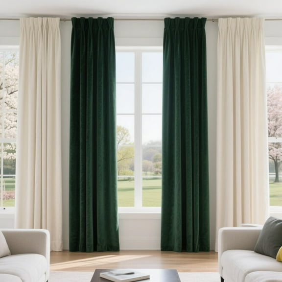 SMILETIME Dark Green & Ivory White 4 Panels Set Rod Pocket Design Light-Filtering & Thermal Insulation Ideal for Living Room, Bedroom & Office Windows
