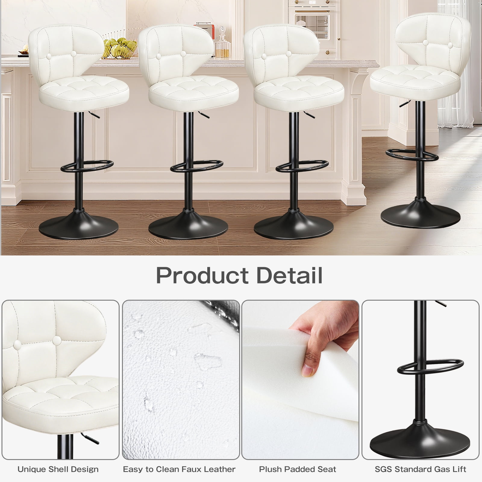 Bar Stools Set of 2, Adjustable Swivel Bar Chairs with 360° Rotation, Padded Counter Stools with Back and Footrest for Kitchen Island, Bistro, Cafe, and Home Use