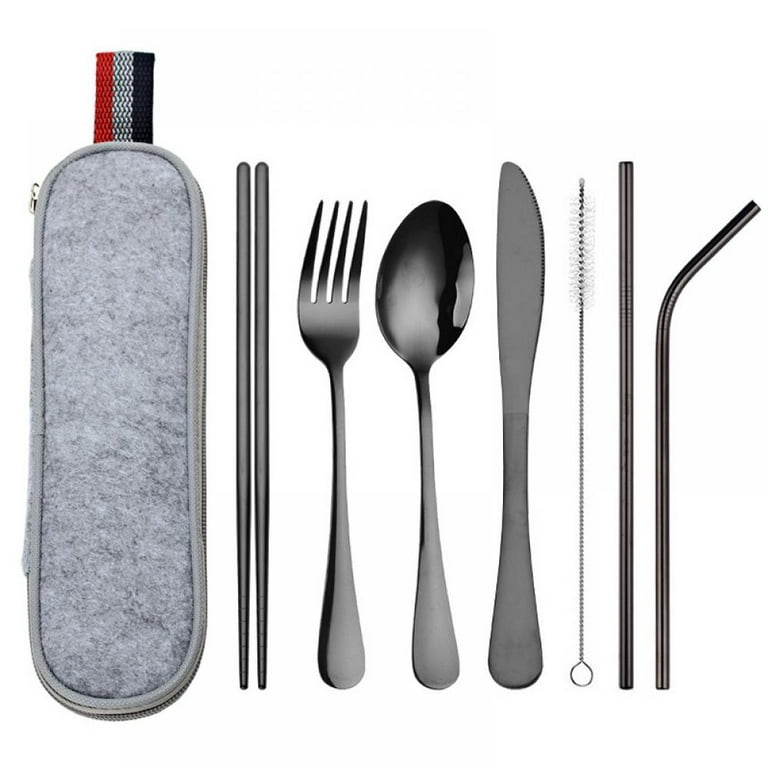9-Piece Travel Utensils, Reusable Utensils with Case, Portable Travel  Camping Cutlery Set, including Knife Fork Spoon Chopsticks Cleaning Brush  Metal Straws, Stainless Steel Flatware Set