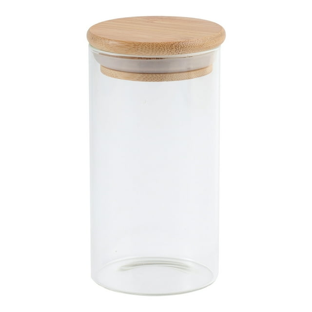 Frasco de vidrio transparente de 300 ml, recipiente hermético para almacenar alimentos, para té, café, azúcar, sal (6,5 x 12 cm, con tapa de bambú)