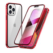 Dteck Compatible with iPhone 13 Pro Max Magnetic Case, Double Sided Clear HD Tempered Glass Screen Protector Magnet Metal Bumper Magnetic Absorption Phone Case for iPhone 13 Pro Max,,Red