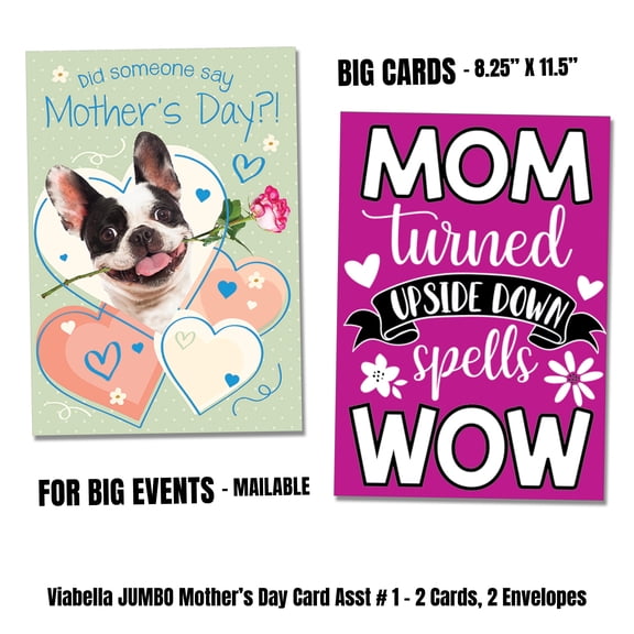 Viabella Jumbo Mother's Day Card Asst Mom Wow - 2 Cards, 2 Envelopes