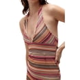 thumbnail image 4 of TRKIYQC Vestido de fiesta con cuello halter para mujer, tejido de gofres a rayas de corte bajo sin mangas Bodycon de una pieza para damas, marrón/azul TRKIYQC casual, 4 of 5