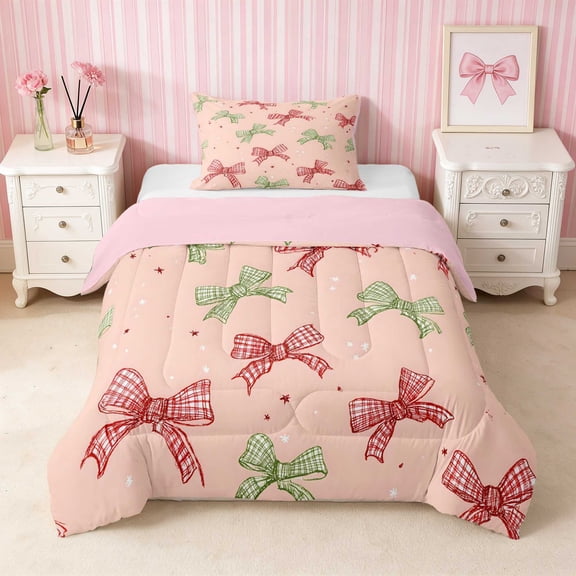 Erosebridal Christmas Plaid Bow Twin Comforter Sets for Girls, Holiday Red Green Tartan Bedding Set, Pink Reversible 2 Pieces 1 Comforter and 1 Pillowcase