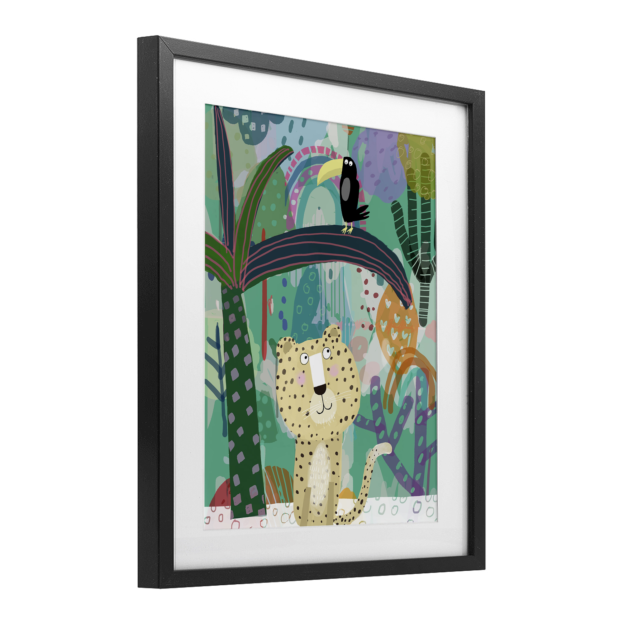 Jungle Cheetah & Toucan Black Framed Print Under Glass, design by Carla Daly