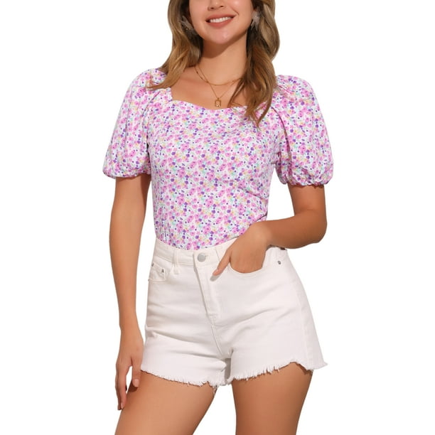 BLUSA FLORAL PARA MUJER INSPIRADA CHIC CON ESCOTE CUADRADO Y MANGAS ABULLONADAS, ESPALDA ELÁSTICA, TOP CASUAL BLANCO Y MORADO XL