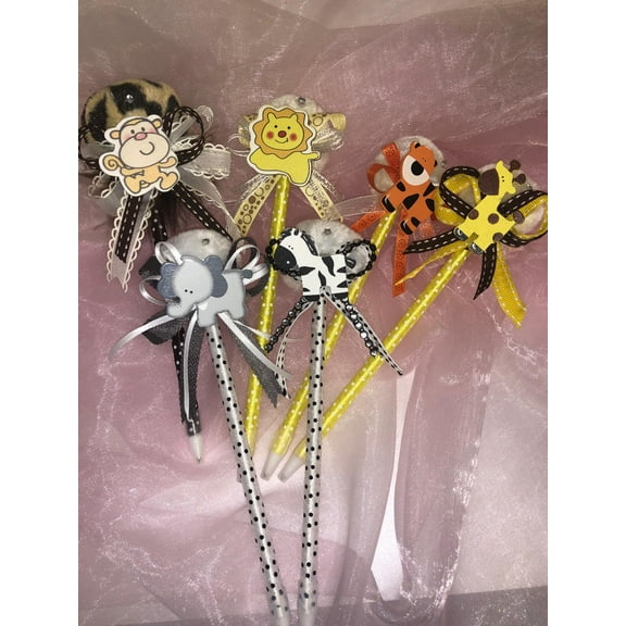 Charmed Safari Theme Baby Shower Cute Pompom Pen Party Favors; Mix 6 animals; 12 pieces