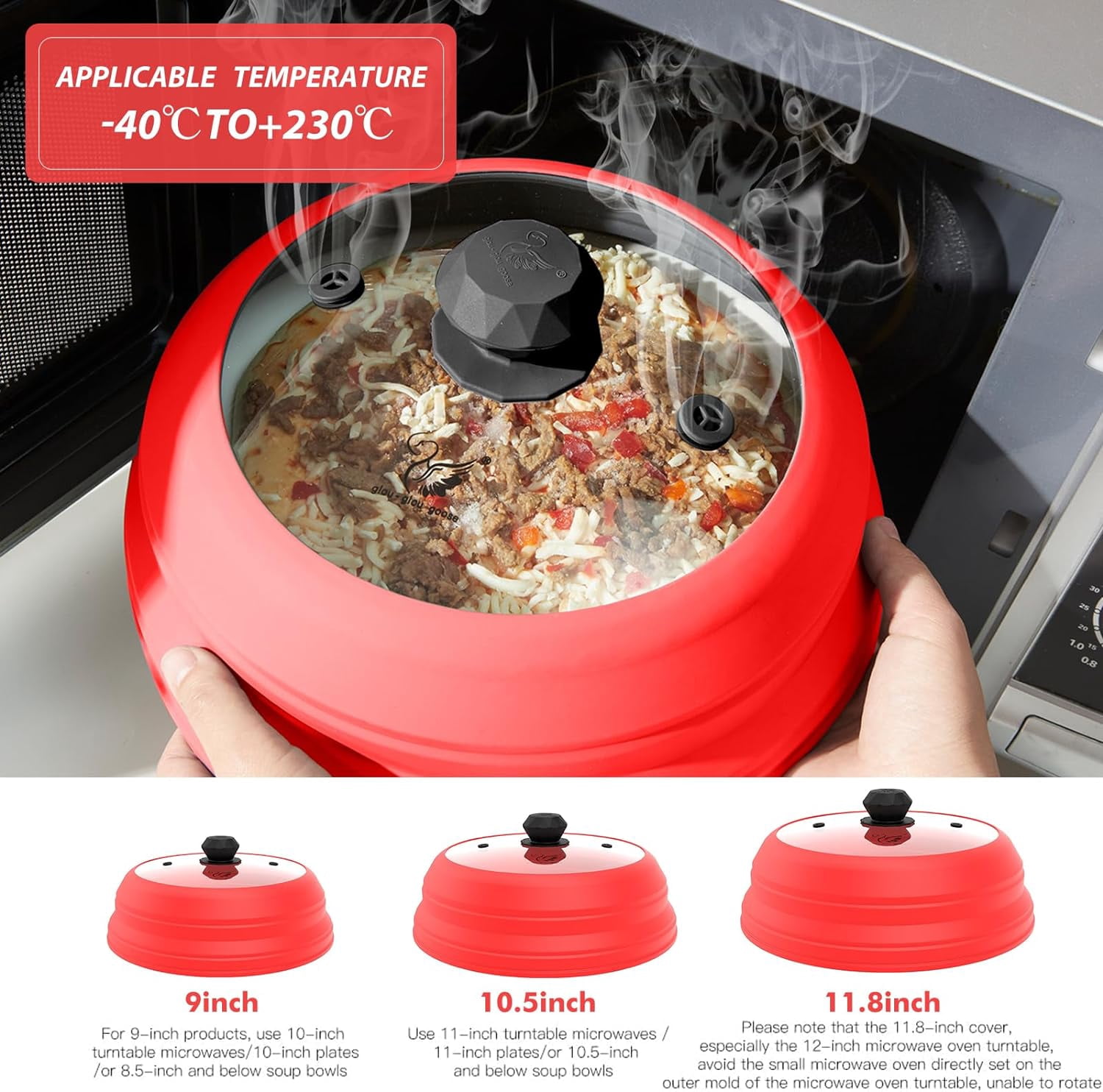 Vented Glass Splatter Guard Lid with Collapsible Silicone for Food - 11.8 inch Large Plate Cover for 6-11 inch Plate Bowl - Red