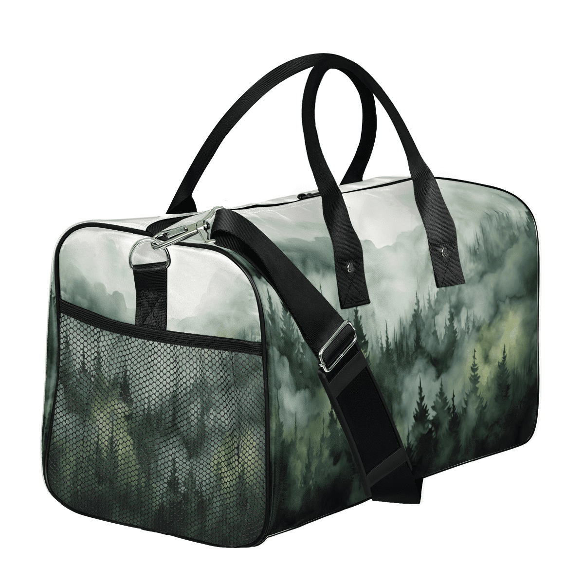 Herdesigns Green Misty Forest Gym Bag for Women Men, Travel Duffle Bag Lightweight Waterproof Carry on Weekender Overnight Tote for Dance Cheer Sport, Mountain Pine Tree