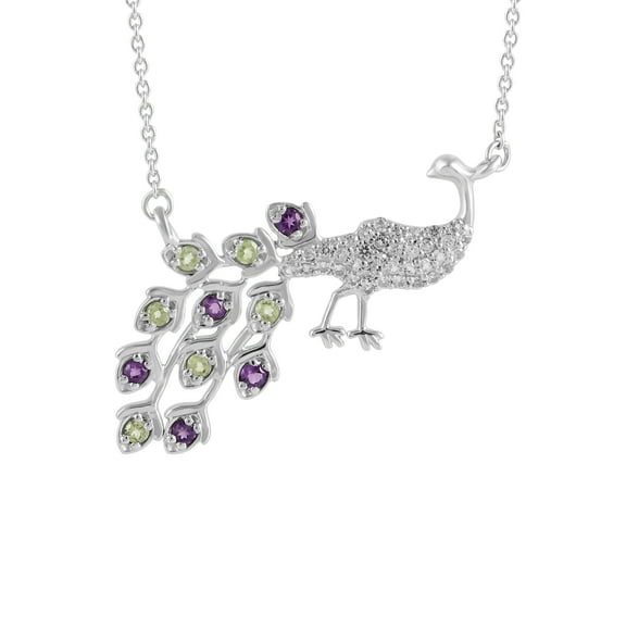 Gemshiner Amethyst Peridot & White Topaz Peacock Pendant for Women in 925 Sterling Silver – Elegant Gemstone Jewelry Gift for Birthday, Anniversary & Festive Occasions