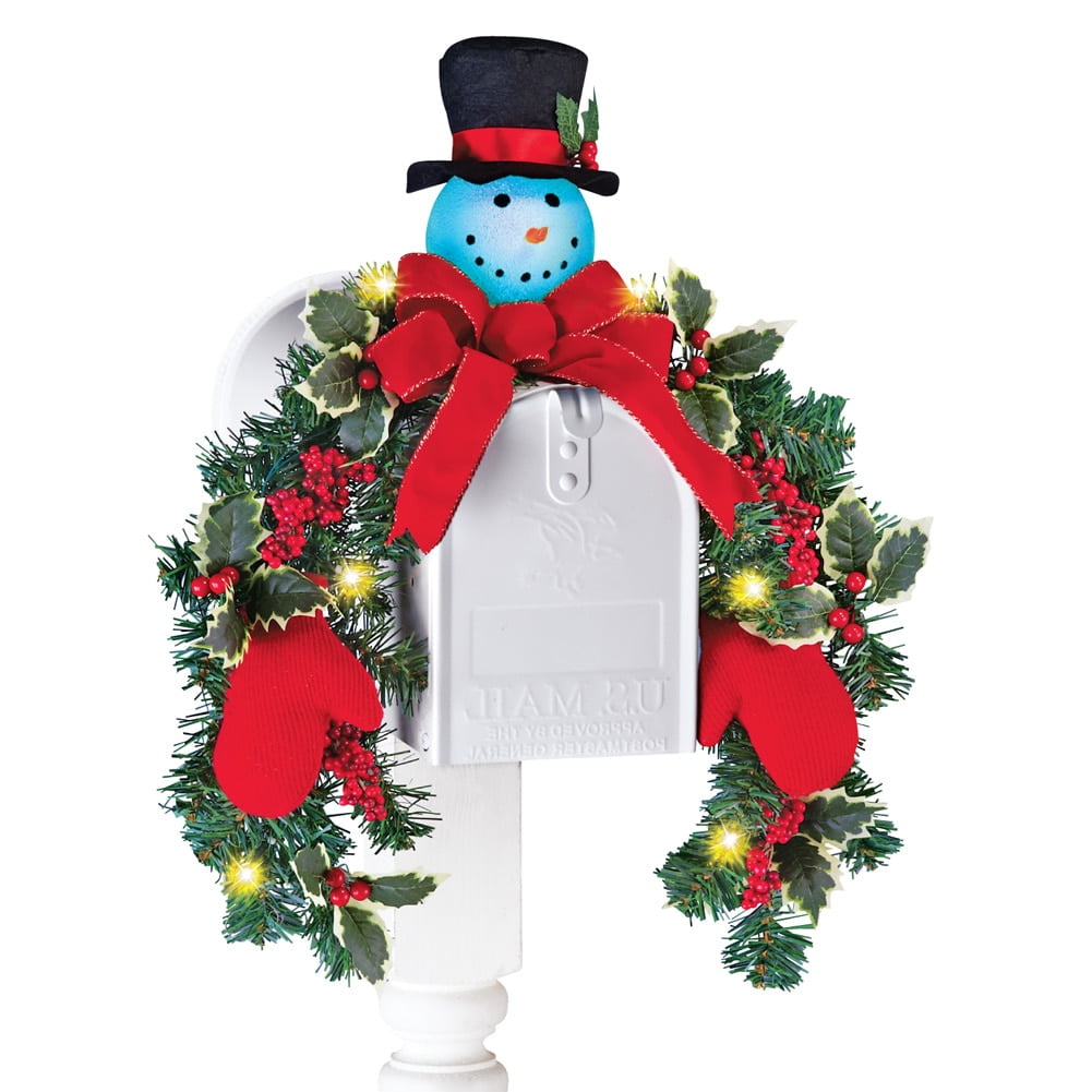 Lighted Snowman Mailbox Evergreen Swag