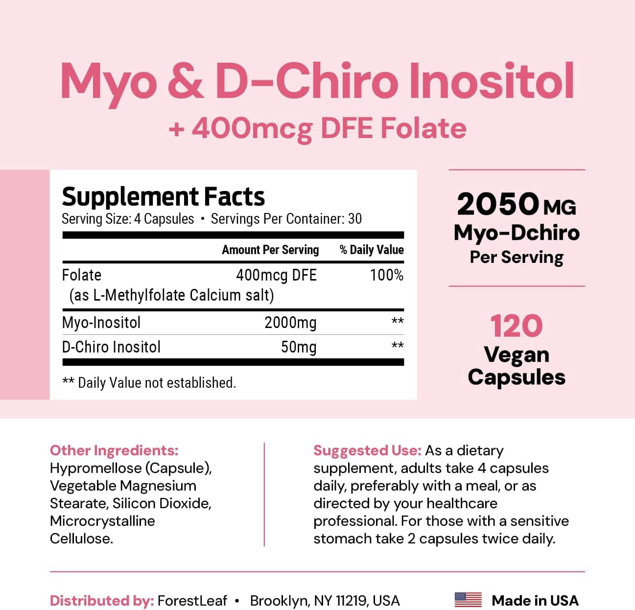 Forest Leaf Myo-Inositol & D-Chiro Inositol Supplement for Women Fertility Support 2000mg, 120 Vegetable Capsules