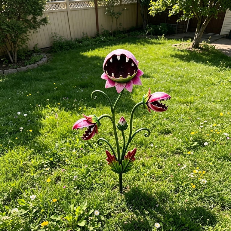 Whimsical Metal Carnivorous Plant Garden Stake Large Venus Fly