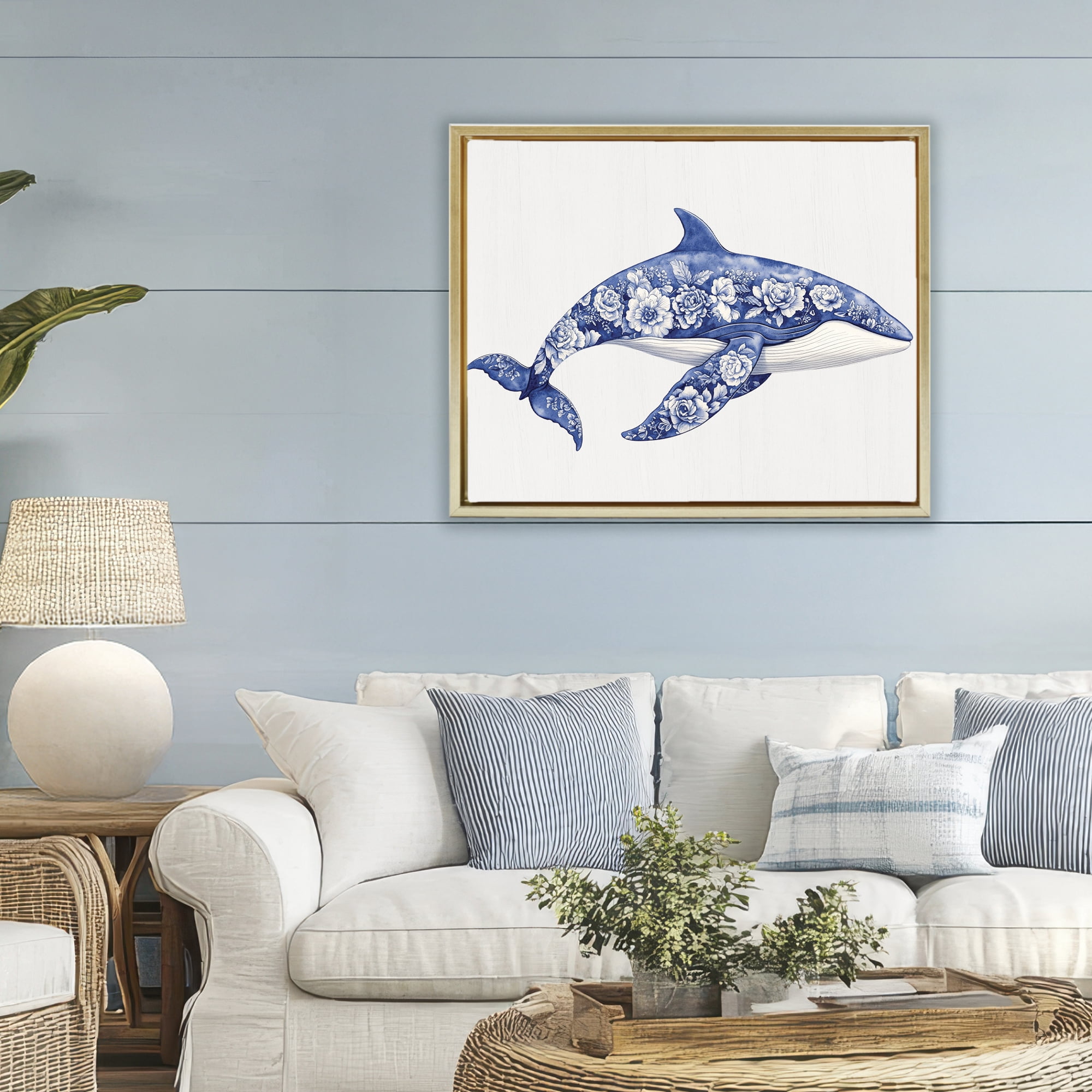 Floral Toile Whale Gold Framed Floater Canvas Wall Art, design by Lettered and Lined