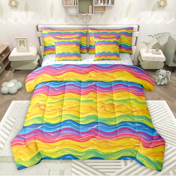 Feelyou Rainbow Stripe Waves Bedding Comforter Set 7 Pieces, Colorful Lines Abstract Full Bedding Set, Teens Kids Boys Girls Reversible Fitted Sheet Flat Sheet, Lightweight Room Decor