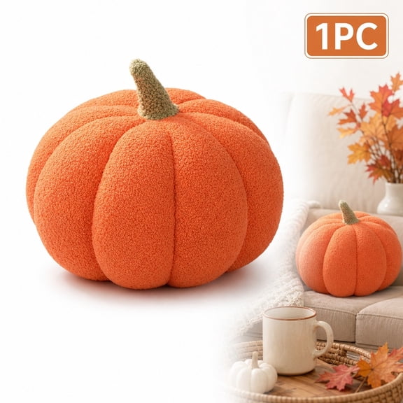 1-Piece Orange Plush Pumpkin Throw Pillow 11.8in Soft Halloween Decor