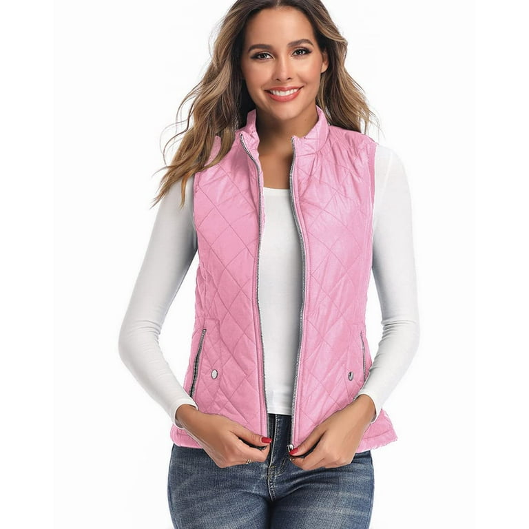 Vest for Women-Stand Collar Lightweight Zip Quilted,Pink Vest for Women-Stand Collar Lightweight Zip Quilted,Pink