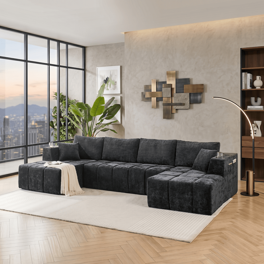 132" Modular Cloud Couch Sectional Sofa, U-Shaped Chenille Sectional with Double Chaise, Cup Holders & Side Pockets, Modern Oversized Sofa for Living Room, No Assembly, Black