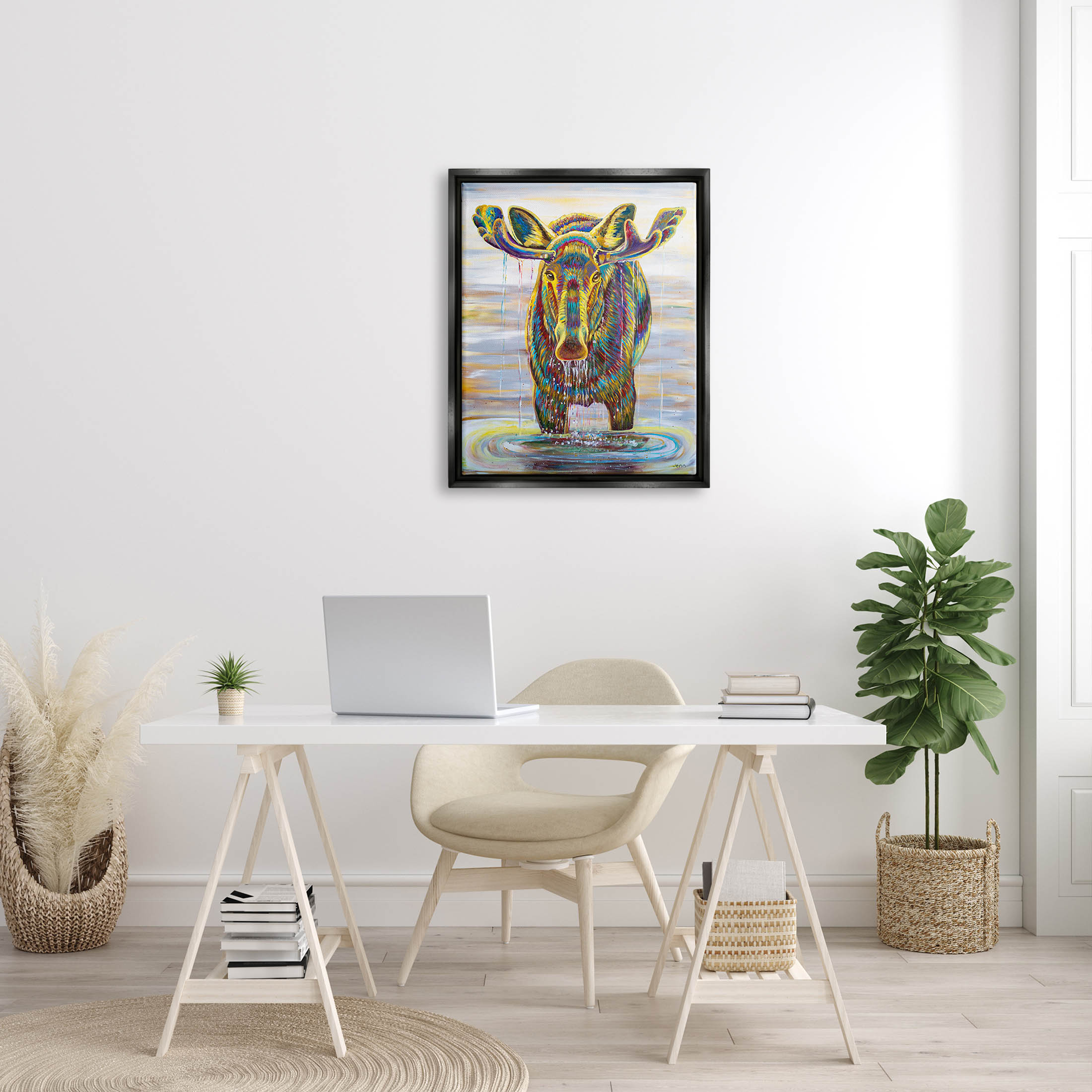 Moose Water Drip Nature Lake Animals & Insects Painting Jet Black Framed Art Print Wall Art