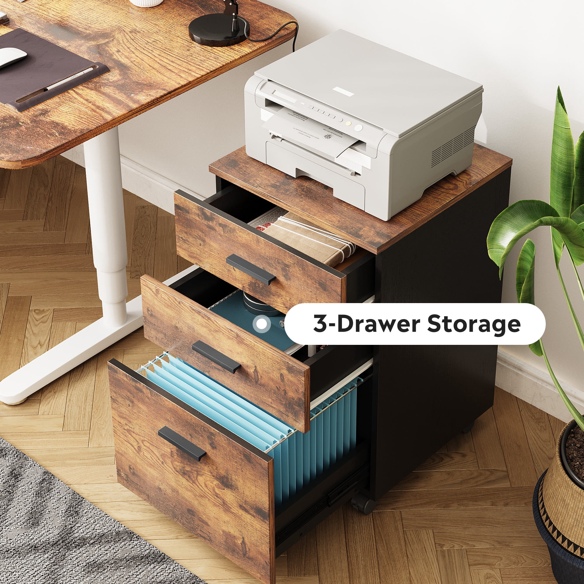 GALAXHERO 3-Drawer Wood Mobile Filing Cabinet, Rolling File Cabinet for Home Office, Fits Letter/A4 Size Documents, Rustic Brown