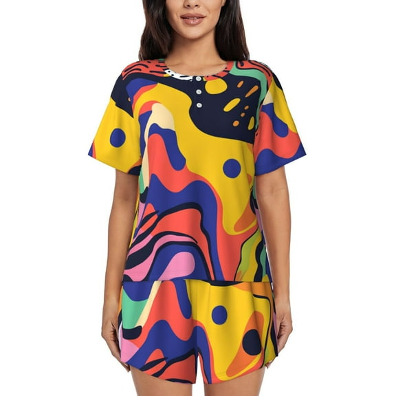 Groovy Hippie 60s (2) Womens Pajamas Short Set Soft Short Sleeve Sleepwear Button Down Pjs Set with Pockets S XXL Small